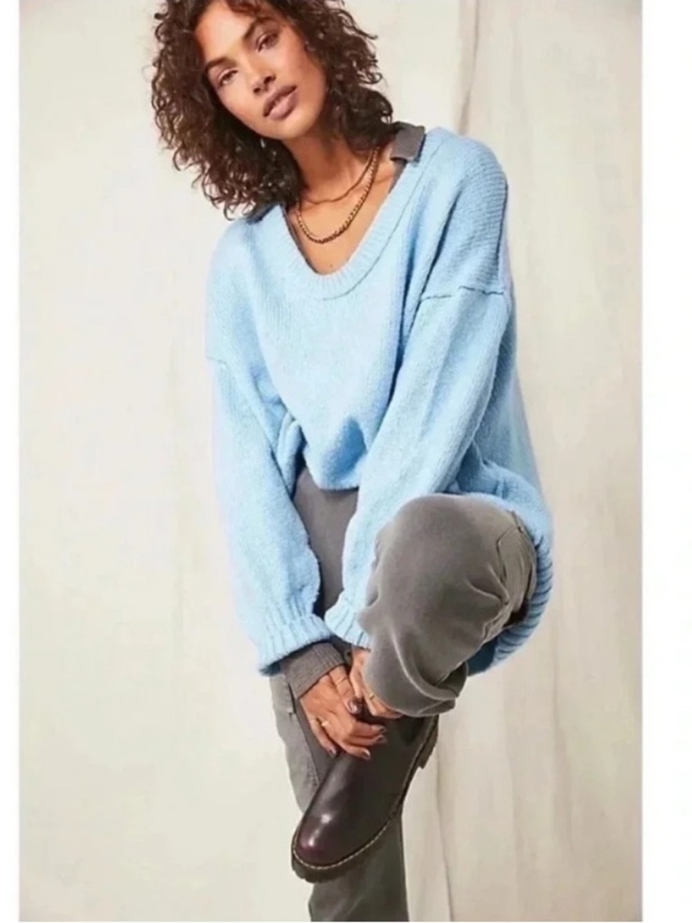 Free People Light Blue Scoop Neck Knit Sweater